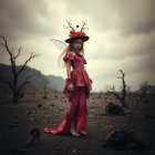 Young girl in pink dress with wings in desolate landscape