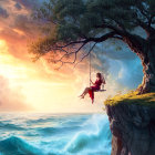 Serene Figure in Red Dress Overlooking Turbulent Sea