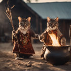 Whimsical Cats in Tribal Attire by a Cauldron