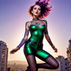 Vibrant Sunset with Boldly Styled Figure and Skyline