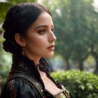 Portrait of a woman in ornate dark attire with golden eyes