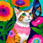 Stylized Cat with Colorful Fur Among Vibrant Flowers