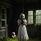 Eerie Scene of Girl in White Dress with Gas Mask