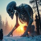 Colossal Skeletal Figure in Winter Forest at Sunrise