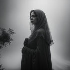 Young woman in dark gown and lace veil in serene pose