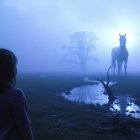 Misty Landscape with Child and Majestic White Horse