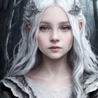 Young girl with white hair in a dark forest setting