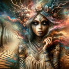 Mystical Woman in Surreal Landscape with Tattoos