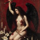 Mystical Figure with Dark Wings in Blood-Red Setting