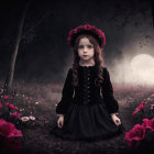 Young girl in dark forest with pink roses and mist
