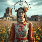 Young Woman in Floral Dress Amidst Historic Buildings