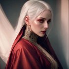 Striking Woman with White Hair in Crimson Robe