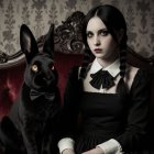 Young Woman and Black Rabbit on Vintage Sofa