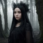 Young woman in mystical forest with flowing black hair