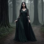 Serene figure in dark green gown in misty forest