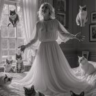 Woman in White Dress Surrounded by Floating Cats
