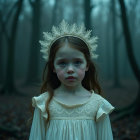 Young girl in a misty forest wearing a white dress