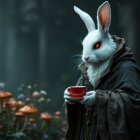 Mystical forest scene with a wise rabbit and mushrooms