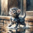 Playful Kitten Splashing in Rainy Puddles