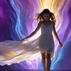 Young Woman in White Dress with Colorful Background