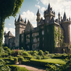 Medieval Castle Surrounded by Lush Gardens and Sky