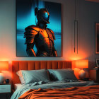Futuristic Armored Figure Wall Art in Modern Bedroom