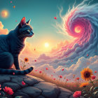 Tabby Cat on Stone Path with Colorful Cosmic Sky