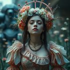 Young Woman in Vintage Dress in Lush Garden Setting
