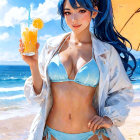 Vibrant beach scene with woman in blue bikini and drink