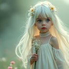 Young girl in floral dress among colorful flowers