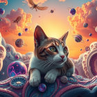 Calico Cat on Cosmic Landscape with Vibrant Colors