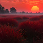 Sunset Over Vibrant Red Grasses and Misty Landscape