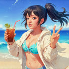 Young woman in bikini on beach with drink and waves