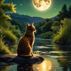 Cat by River Under Full Moon in Serene Landscape