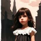 Young girl in charming dress against moody cityscape