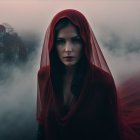 Mysterious Figure in Red Cloak Surrounded by Fog