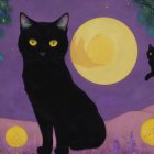 Black Cats on Purple Background with Full Moon