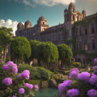 Ancient palace surrounded by greenery and vibrant flowers