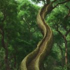 Wooden Spiral Staircase in a Lush Forest Setting