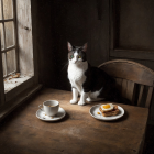 Cozy Rustic Kitchen with Cat and Pancakes Scene