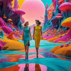 Surreal Landscape with Women in Vibrant Dresses