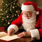 Santa Claus Writing at a Desk by a Christmas Tree