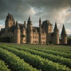 Majestic castle among lush vineyards and dramatic skies