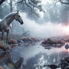 Majestic white horse by tranquil stream in misty forest