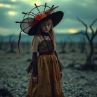 Girl in Dark Floral Dress in Desolate Landscape