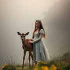 Dreamy Landscape with Young Woman and Gentle Deer