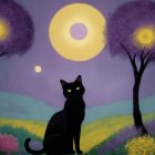 Whimsical Landscape with Cat in Colorful Meadow
