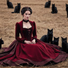 Victorian Woman in Red Dress Surrounded by Cats