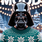 Festive Scene with Sci-Fi Helmet and Holiday Sweater