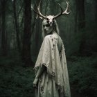 Mystical Forest Scene with Woman in Ethereal Gown